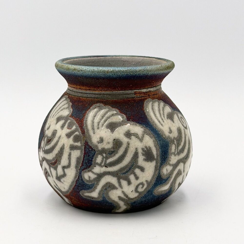 Jeremy Diller Signed Raku Pottery Vase Raised Kokopelli Design Studio Art 3"